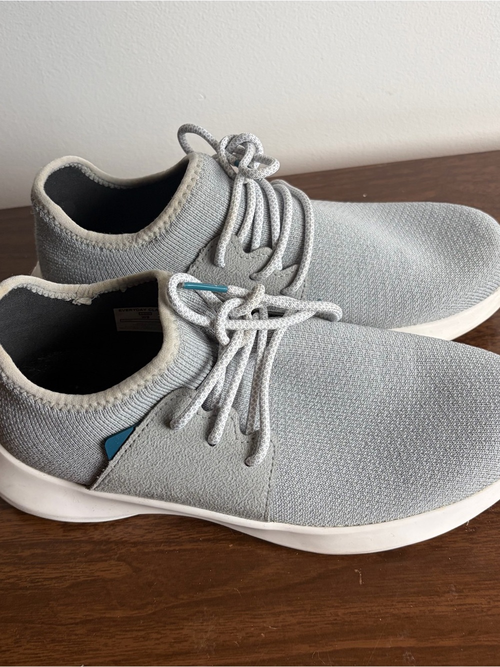 Vessi Light Gray Knit waterproof Sneakers with White Sole and Blue Accent